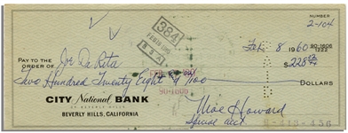 Moe Howard Check Signed to Joe DeRita -- Endorsed by DeRita on Verso -- Dated 8 February 1960 -- Measures 8.25'' x 3'' -- Very Good Condition